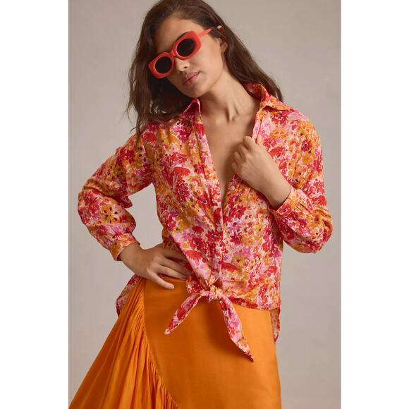 nwt ANTHROPOLOGIE MAEVE sz M Tie-Front Longline Eyelet Blouse - Picture 1 of 5